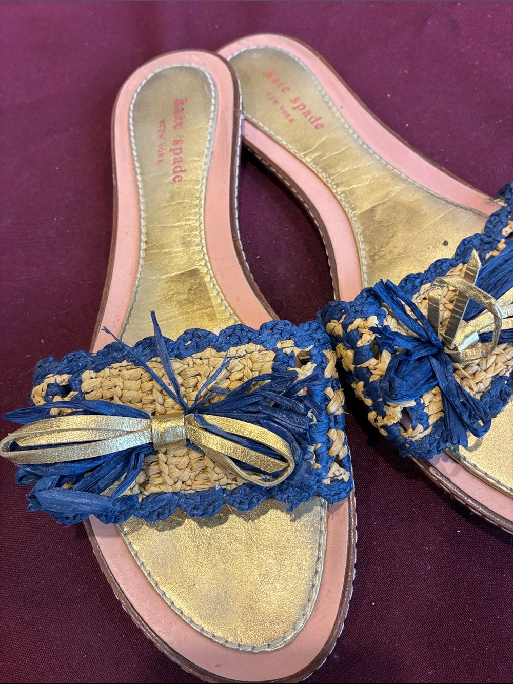 kate spade Gold Insole Navy and Natural Raffia Slide Mules